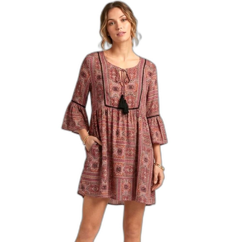 World Market Boho Paisley Tunic Dress Large/XL Tassels Bell Sleeve Viscose